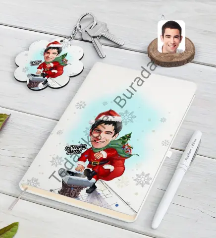 Kişiye Özel Erkek Yeni Yıl Karikatürlü Beyaz Defter Kalem ve Anahtarlık Hediye Seti-2