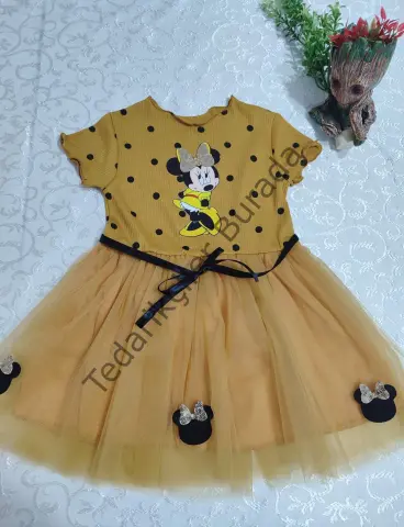 2-3-4 Yaş Puantiyeli Mickey Baskılı Kurdela Kuşaklı Astarlı Kız Bebek Tütü Elbisesi