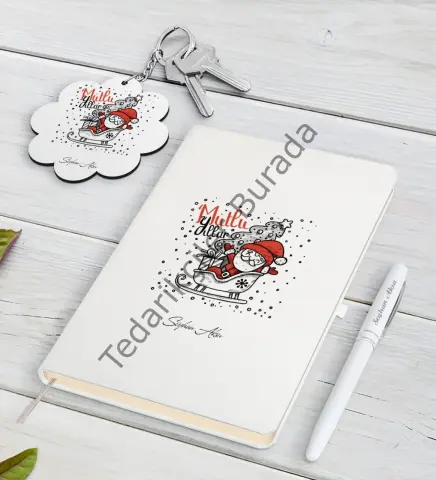Kişiye Özel Noel Baba Beyaz Defter Kalem ve Anahtarlık Hediye Seti-5