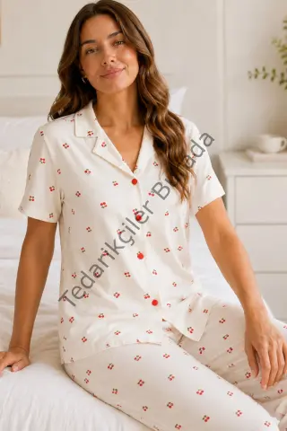 Beyaz Kiraz Desenli Kısa Kollu Gömlek Yaka Milan Kumaş Kadın Pijama Takımı