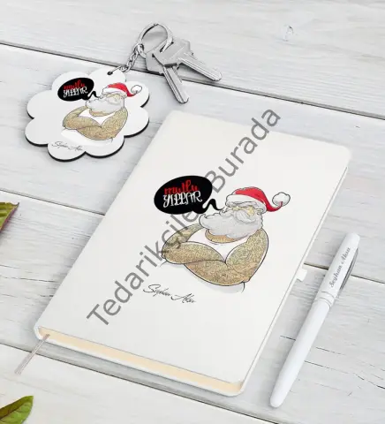 Kişiye Özel Noel Baba Beyaz Defter Kalem ve Anahtarlık Hediye Seti-4