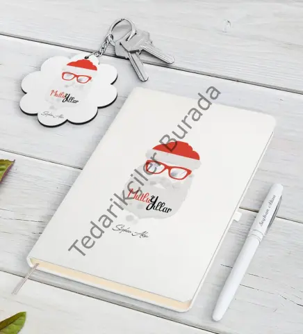 Kişiye Özel Noel Baba Beyaz Defter Kalem ve Anahtarlık Hediye Seti-2