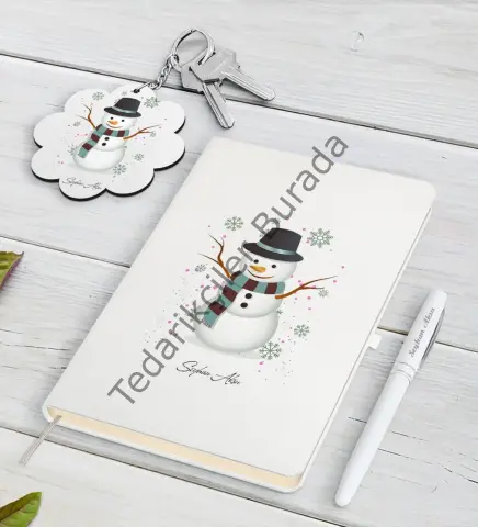 Kişiye Özel Kardan Adam Beyaz Defter Kalem ve Anahtarlık Hediye Seti-1