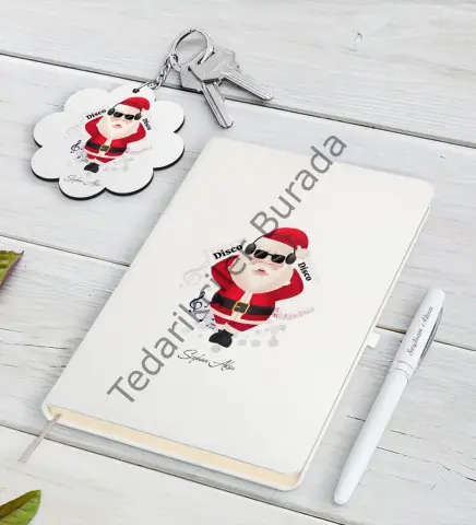 Kişiye Özel Noel Baba Beyaz Defter Kalem ve Anahtarlık Hediye Seti-1