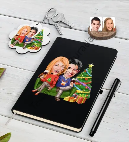 Kişiye Özel Yeni Yıl Sevgililer Karikatürlü Siyah Defter Kalem ve Anahtarlık Hediye Seti-4