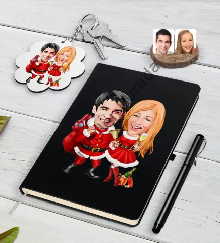 Kişiye Özel Yeni Yıl Sevgililer Karikatürlü Siyah Defter Kalem ve Anahtarlık Hediye Seti-3