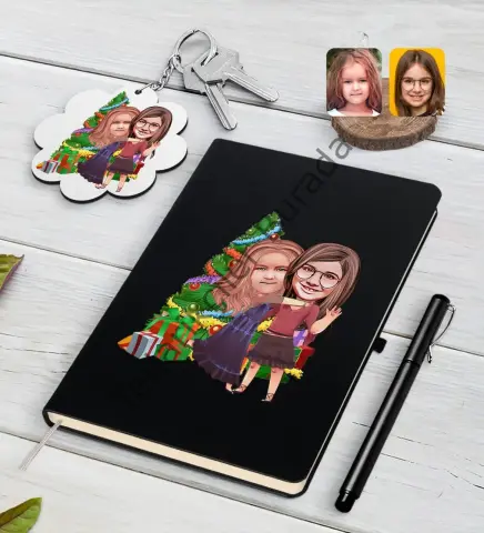 Kişiye Özel Yeni Yıl Kız Kardeşler Karikatürlü Siyah Defter Kalem ve Anahtarlık Hediye Seti-3
