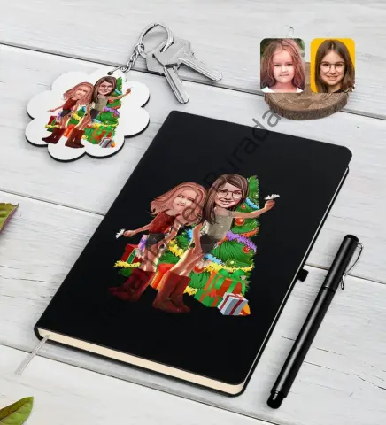 Kişiye Özel Yeni Yıl Kız Kardeşler Karikatürlü Siyah Defter Kalem ve Anahtarlık Hediye Seti-2