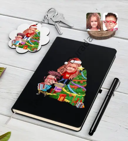 Kişiye Özel Yeni Yıl Kız Kardeş ve Erkek Kardeş Karikatürlü Siyah Defter Kalem ve Anahtarlık Hediye Seti-1