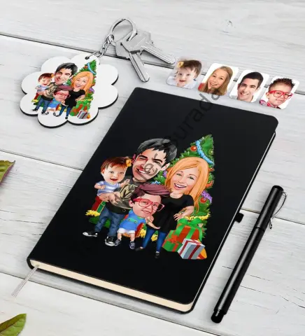 Kişiye Özel Yeni Yıl Aile Karikatürlü Siyah Defter Kalem ve Anahtarlık Hediye Seti-5
