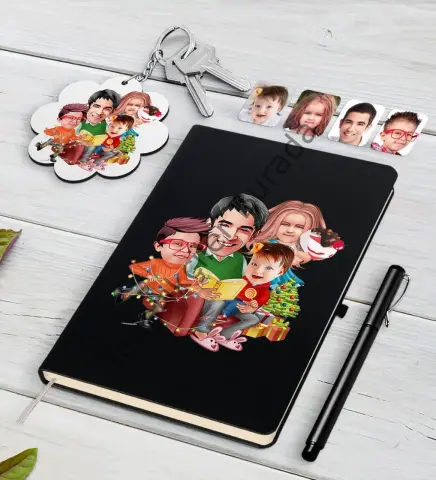 Kişiye Özel Yeni Yıl Aile Karikatürlü Siyah Defter Kalem ve Anahtarlık Hediye Seti-6