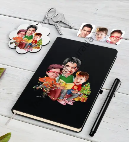 Kişiye Özel Yeni Yıl Aile Karikatürlü Siyah Defter Kalem ve Anahtarlık Hediye Seti-1