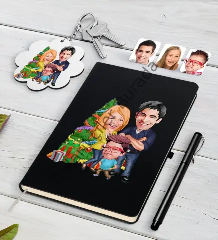 Kişiye Özel Yeni Yıl Aile Karikatürlü Siyah Defter Kalem ve Anahtarlık Hediye Seti-3