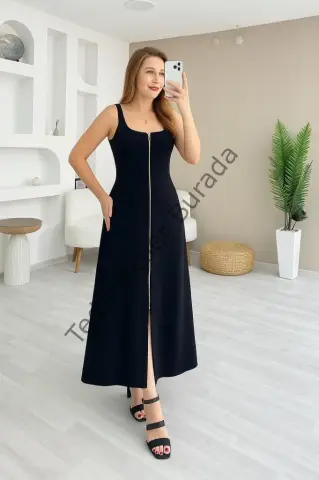 Kadın Askılı Kare Yaka önden Fermuarlı Geniş Kesim Janjan Krep Elbise