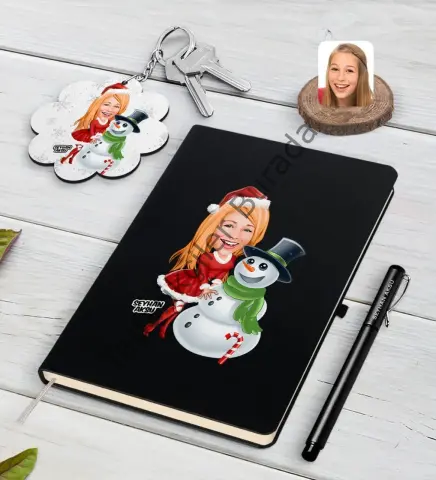 Kişiye Özel Kadın Yeni Yıl Karikatürlü Siyah Defter Kalem ve Anahtarlık Hediye Seti-2