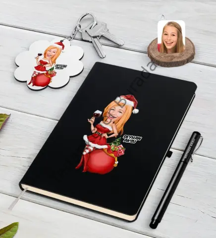 Kişiye Özel Kadın Yeni Yıl Karikatürlü Siyah Defter Kalem ve Anahtarlık Hediye Seti-1