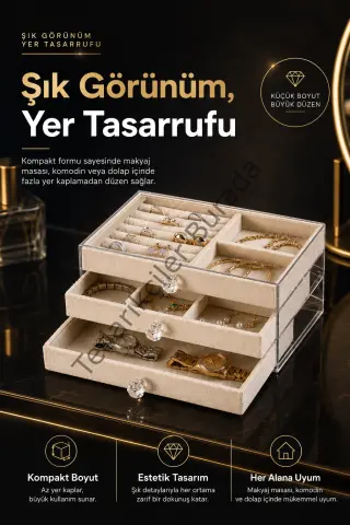 Üç Çekmeceli Kadife Takı Düzenleyici Şeffaf Kapaklı Mücevher Saklama Kutusu