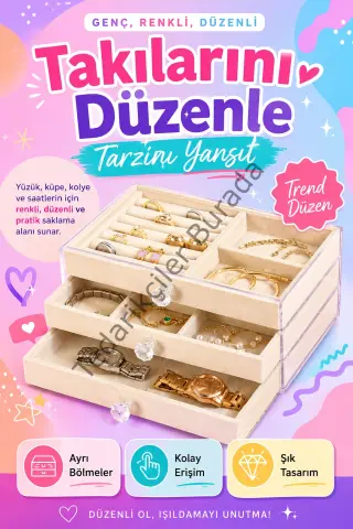 Kadife Kaplamalı Şeffaf Takı Kutusu Çekmeceli Saat Yüzük Kolye Organizeri