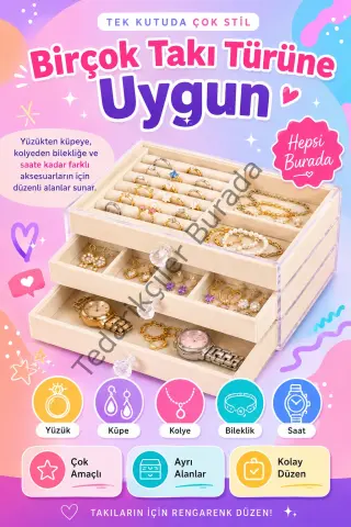 Kadife Kaplamalı Şeffaf Takı Kutusu Çekmeceli Saat Yüzük Kolye Organizeri