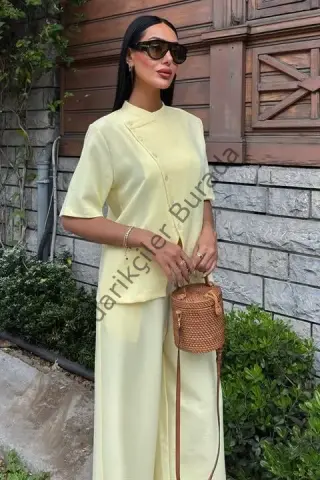 Hakim Yaka Çapraz Düğmeli Plazzo Pantolon Viscon Keten Takım 10209