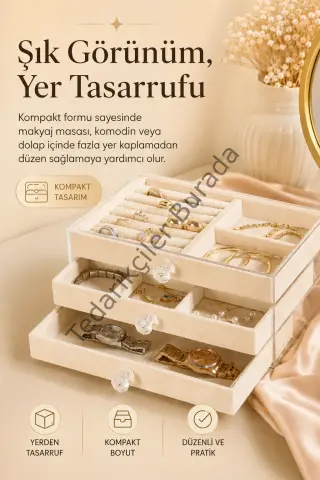 Şeffaf Kapaklı Kadife Takı Kutusu Çekmeceli Yüzük Kolye Saat Organizeri
