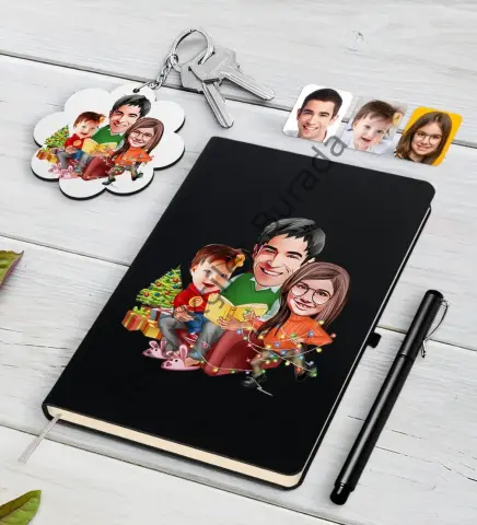 Kişiye Özel Yeni Yıl Aile Karikatürlü Siyah Defter Kalem ve Anahtarlık Hediye Seti-2
