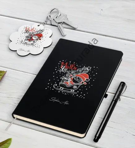 Kişiye Özel Noel Baba Siyah Defter Kalem ve Anahtarlık Hediye Seti-5