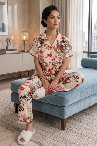 Ekru Ayıcık Desenli Kısa Kollu Gömlek Yaka Milan Kumaş Kadın Pijama Takımı