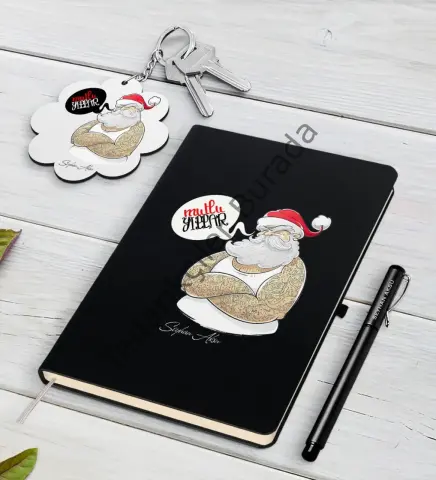 Kişiye Özel Noel Baba Siyah Defter Kalem ve Anahtarlık Hediye Seti-4