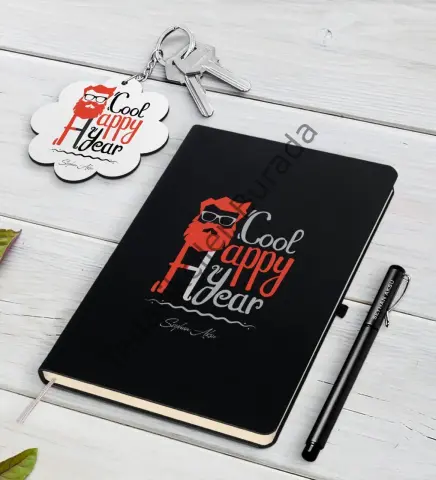 Kişiye Özel Noel Baba Siyah Defter Kalem ve Anahtarlık Hediye Seti-3