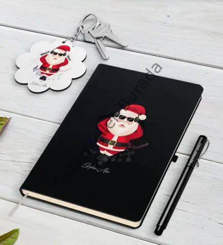 Kişiye Özel Noel Baba Siyah Defter Kalem ve Anahtarlık Hediye Seti-1