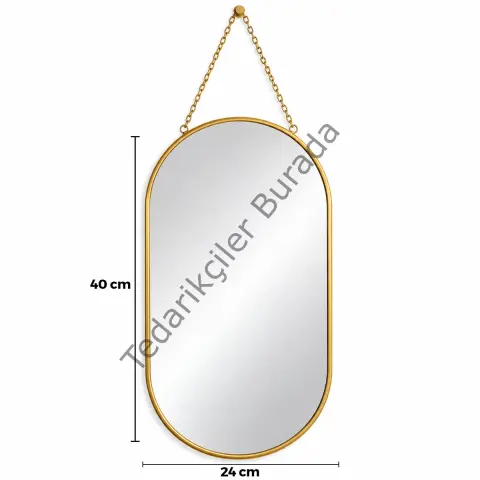 Dekoratif Duvar Aynası - Gold Metal Çerçeveli - İp Askılı - 24x40 cm