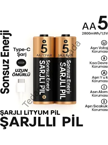 Type-c Şarjlı 2800mwh 1.5v Şarj Edilebilir 2’li Aa5 Kalın Pil - Lityum Iyon Batarya