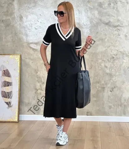 Kadın Kısa Kollu V Yaka Kol Ve Yaka Ribana Detay Midi Boy Viskon Elbise