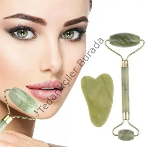 Çift Taraflı 2li Cilt Yüz Masaj Aleti Jade Roller Yeşim  Taşı Seti