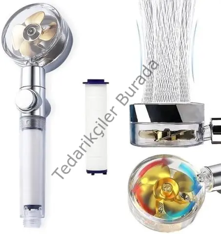Turbo Pervaneli ve Filtreli Su Tasarruflu 360 Derece Dönebilen Tazyikli Duş Başlığı