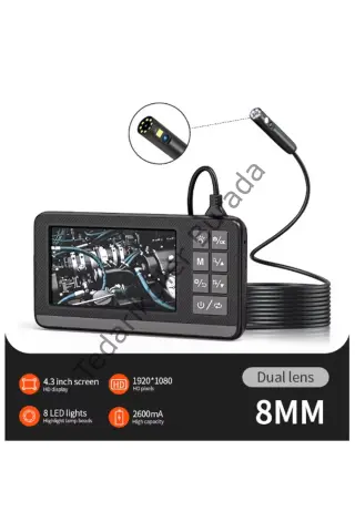 Ekranlı Çift Kameralı 10 Mt Sert Kablo Endoskop Kamera 8 Mm 4.3 Inc Hafıza Kart Destekli