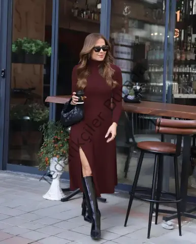 Kadın Uzun Kollu Balıkçı Yaka Derin Yırtmaç Detay Modal Elbise