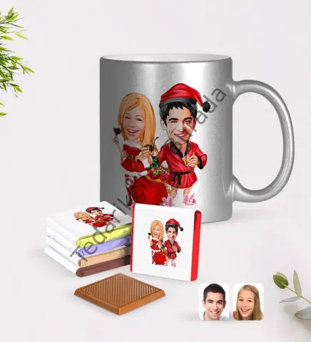 Kişiye Özel Yeni Yıl Sevgililer Karikatürlü Krom Kupa ve Çikolata Hediye Seti-5
