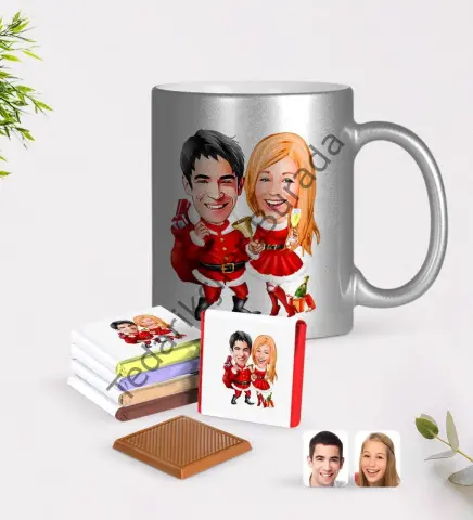 Kişiye Özel Yeni Yıl Sevgililer Karikatürlü Krom Kupa ve Çikolata Hediye Seti-3