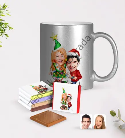 Kişiye Özel Yeni Yıl Sevgililer Karikatürlü Krom Kupa ve Çikolata Hediye Seti-1