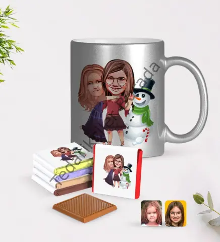 Kişiye Özel Yeni Yıl Kız Kardeşler Karikatürlü Krom Kupa ve Çikolata Hediye Seti-3