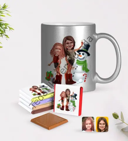 Kişiye Özel Yeni Yıl Kız Kardeşler Karikatürlü Krom Kupa ve Çikolata Hediye Seti-2