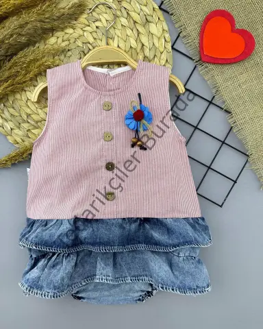 6-9-12-18 Ay Gül Rozet Detaylı Kot Kilotlu Etek Kız Bebek Elbisesi