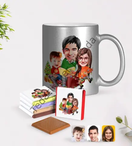 Kişiye Özel Yeni Yıl Aile Karikatürlü Krom Kupa ve Çikolata Hediye Seti-2