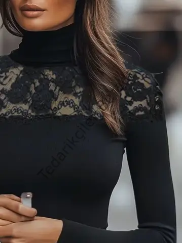 Kadın Uzun Kollu Balıkçı Yaka Dantelli Kaşkorse Bluz