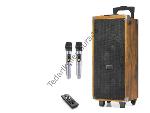 Çift Karaoke Mikrofonlu Bluetooth Hoparlör Fm Radyo 50W 2x8 İnç Rgb Kumandalı Ahşap JBR8808