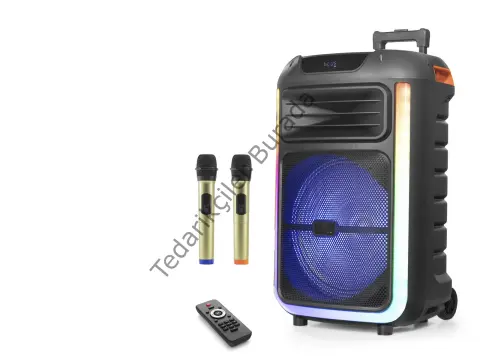 Çift Karaoke Mikrofonlu Bluetooth Hoparlör Fm Radyo 40W 15 İnç Rgb Kumandalı Siyah NDR325
