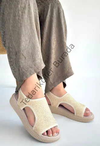 Wayi Bej Hasır Cilt Sandalet