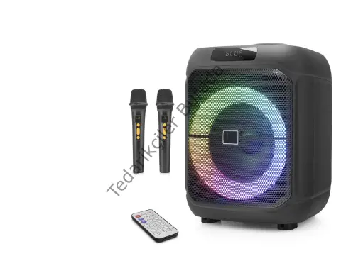 Çift Karaoke Mikrofonlu Bluetooth Hoparlör Fm Radyo 20W 8 İnç Rgb Kumandalı Siyah NDR1745